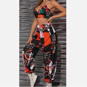 Coolane Letter Graphic Backless Crop Halter Top & Sweatpants Size Large